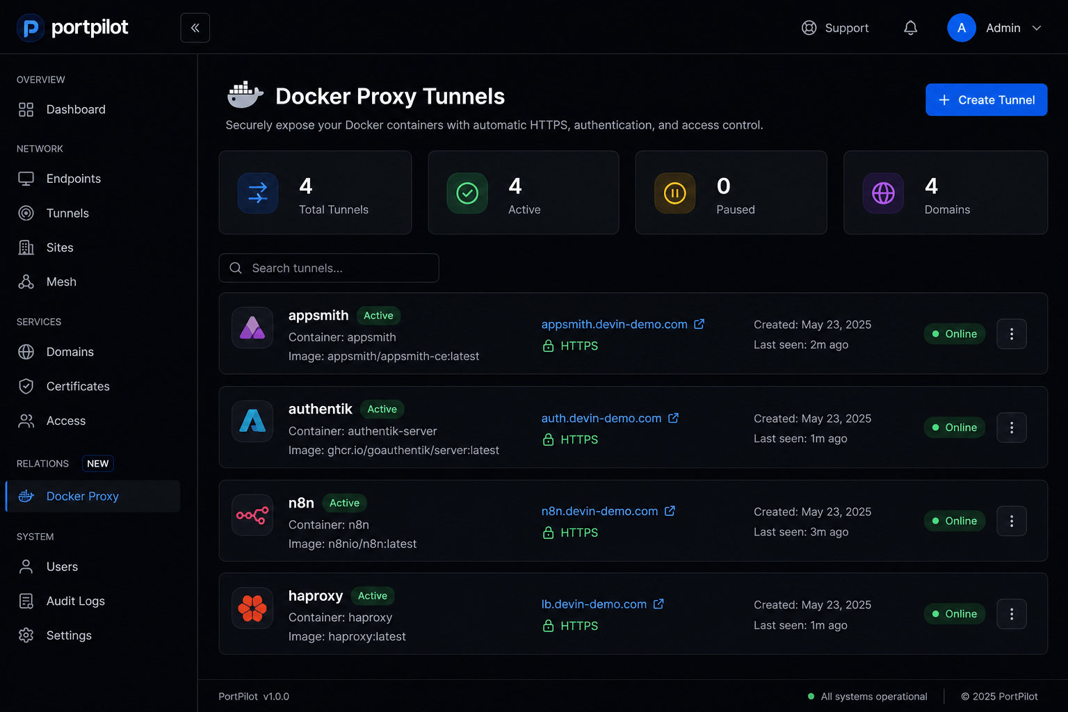 PortPilot relations panel for Docker, reverse proxy, and tunnel context