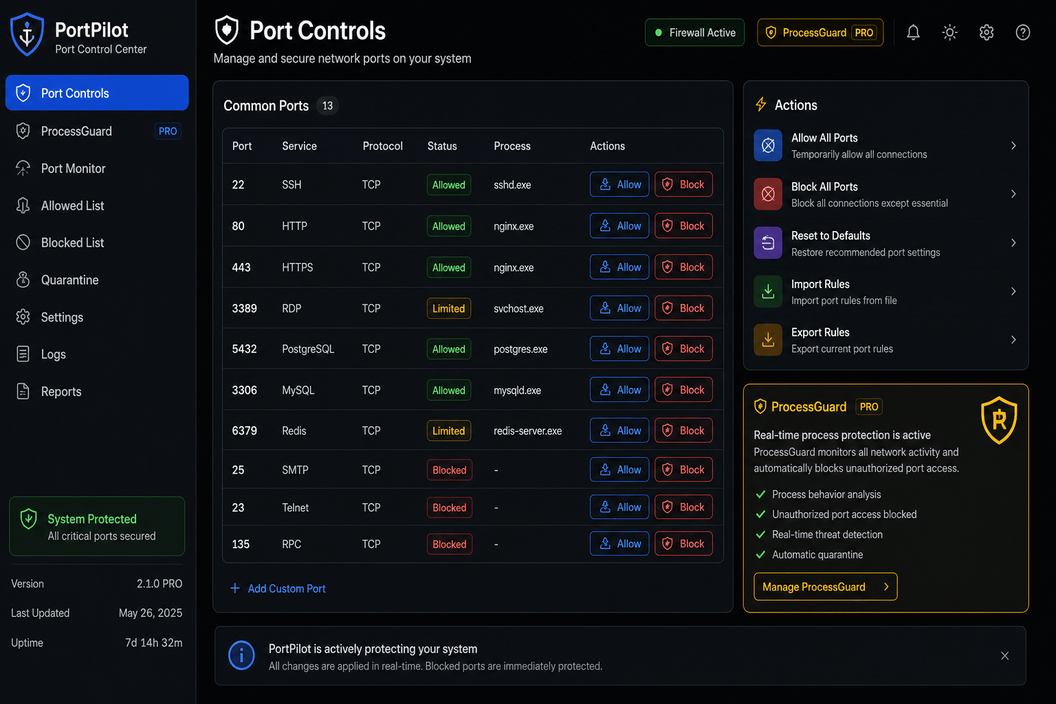 PortPilot port controls with allowlisted actions and ProcessGuard