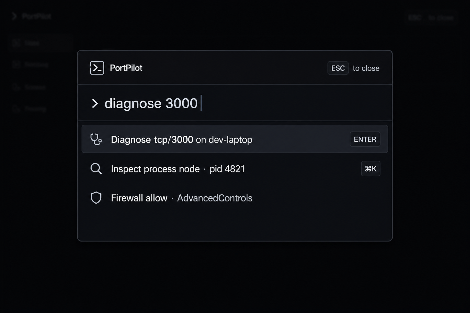 PortPilot command palette with diagnose and control commands